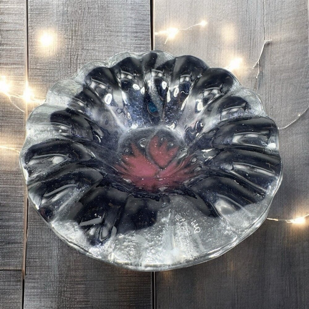 Vintage Hand Made Fused Art Glass Dish Bowl Artist Signed Ruffled Edge Purple
